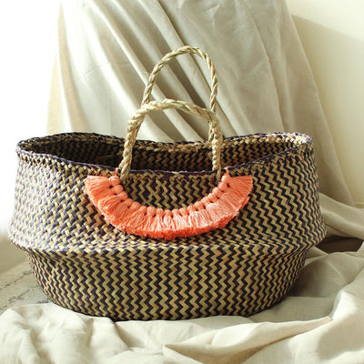 Borneo Belly Basket Bag with Champagne Pink Tassels