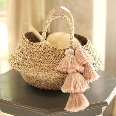 Straw Beach Basket with Blush Pink Tassels
