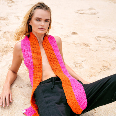 Waffle Cotton Crochet Knit Scarf in Hot Pink & Orange, Holiday gift